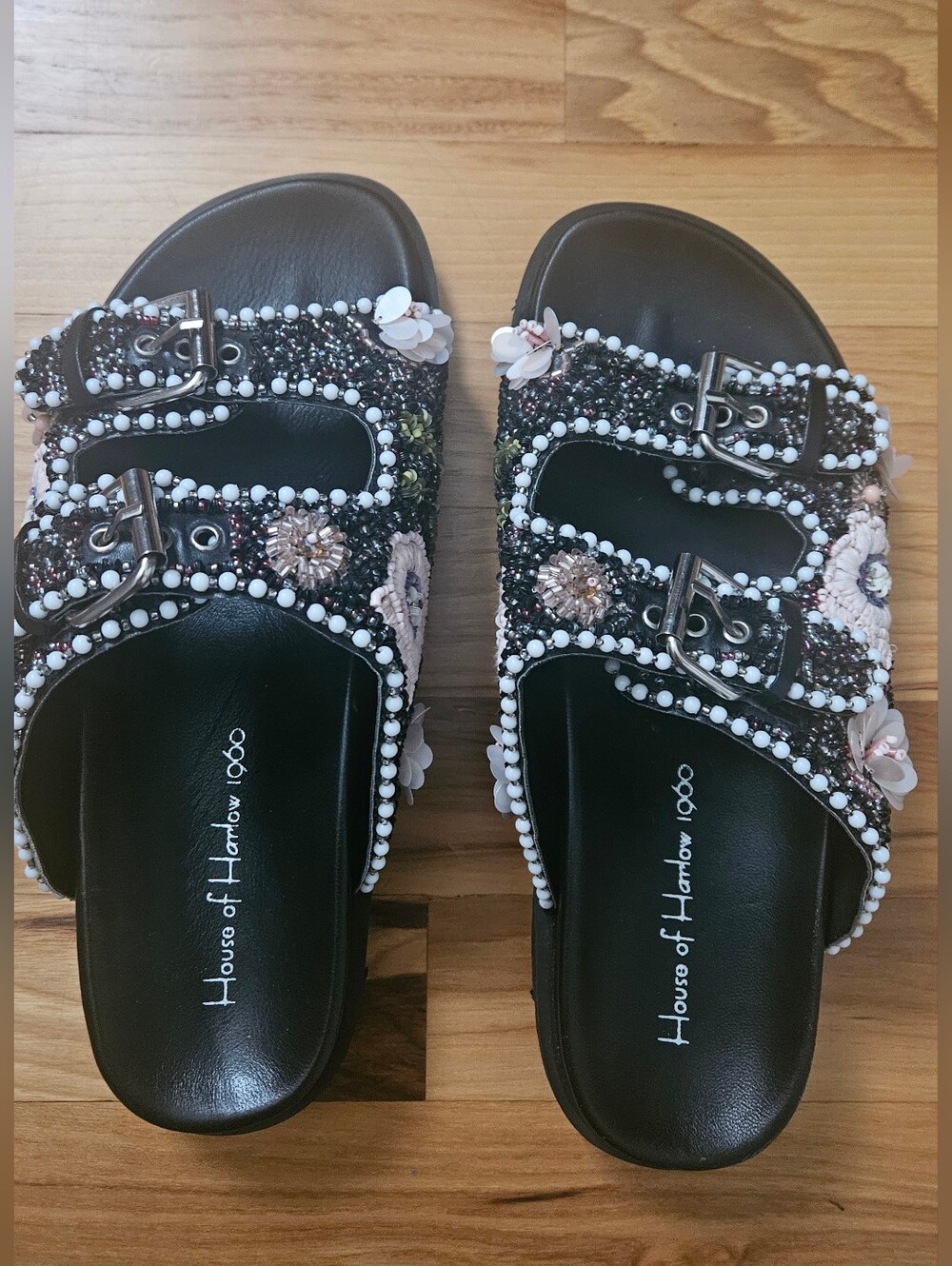 House of Harlow 1960 Black Beaded Floral Buckle Slide Sandals